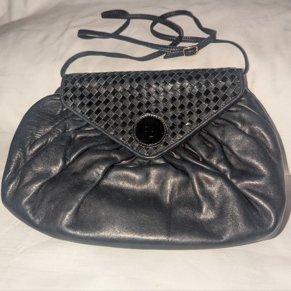Vintage Fendi Black Woven Flap Clutch Shoulder Bag.